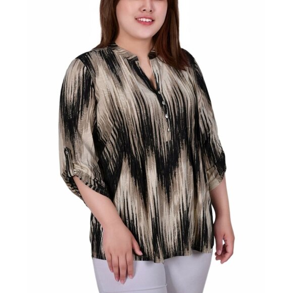 NY Collection Womens Plus 3/4 Roll Tab Sleeve Y Neck Top Khaki Chev Size 1X NWT - Picture 1 of 3